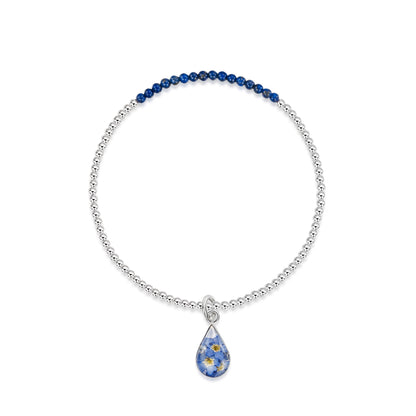 Sterling silver Stretch beaded bracelet - Forget-me-not Teardrop & Lapiz stone - ScentiMelti Home Fragrance, Beauty & Gifts UK