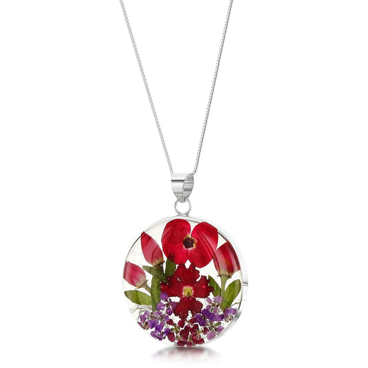 Sterling Silver necklace handmade with real flowers by Shrieking Violet - Bohemia collection - Poppy & Rose - Round pendant with chain - ScentiMelti Home Fragrance, Beauty & Gifts UK