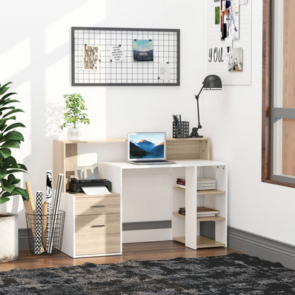 Modern Computer Desk with Drawers and Storage Shelves, Study Workstation, Writing Desk with Printer Stand for Home Office, Oak and White - ScentiMelti Home Fragrance, Beauty & Gifts UK