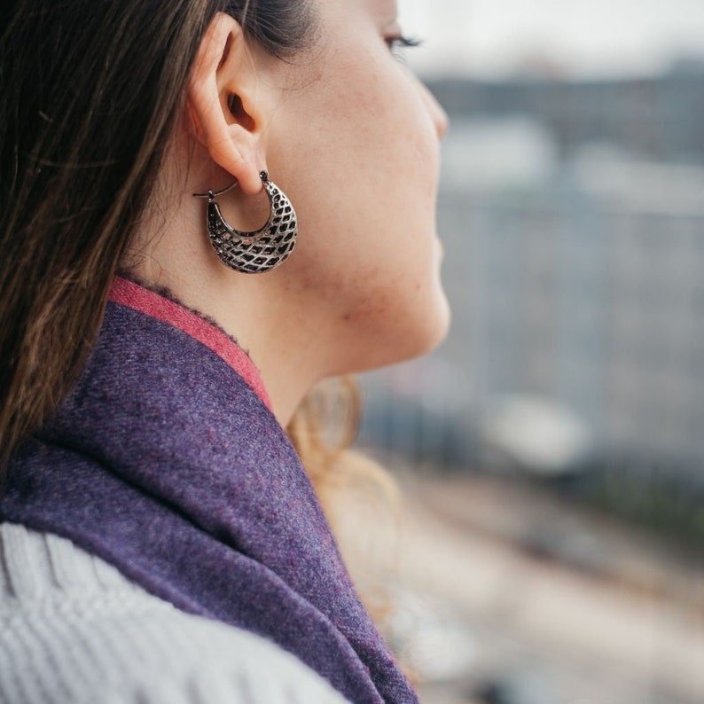 Large Silver Oxidised Vintage Retro Braided Dainty Statement Hoop Earring - ScentiMelti Home Fragrance, Beauty & Gifts UK