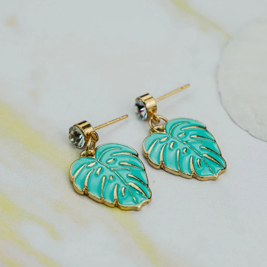 Green Tropical Feather Leaf Zircon Charm Dangle Drop Stud Statement Earrings The Colourful Aura ScentiMelti Wax Melts