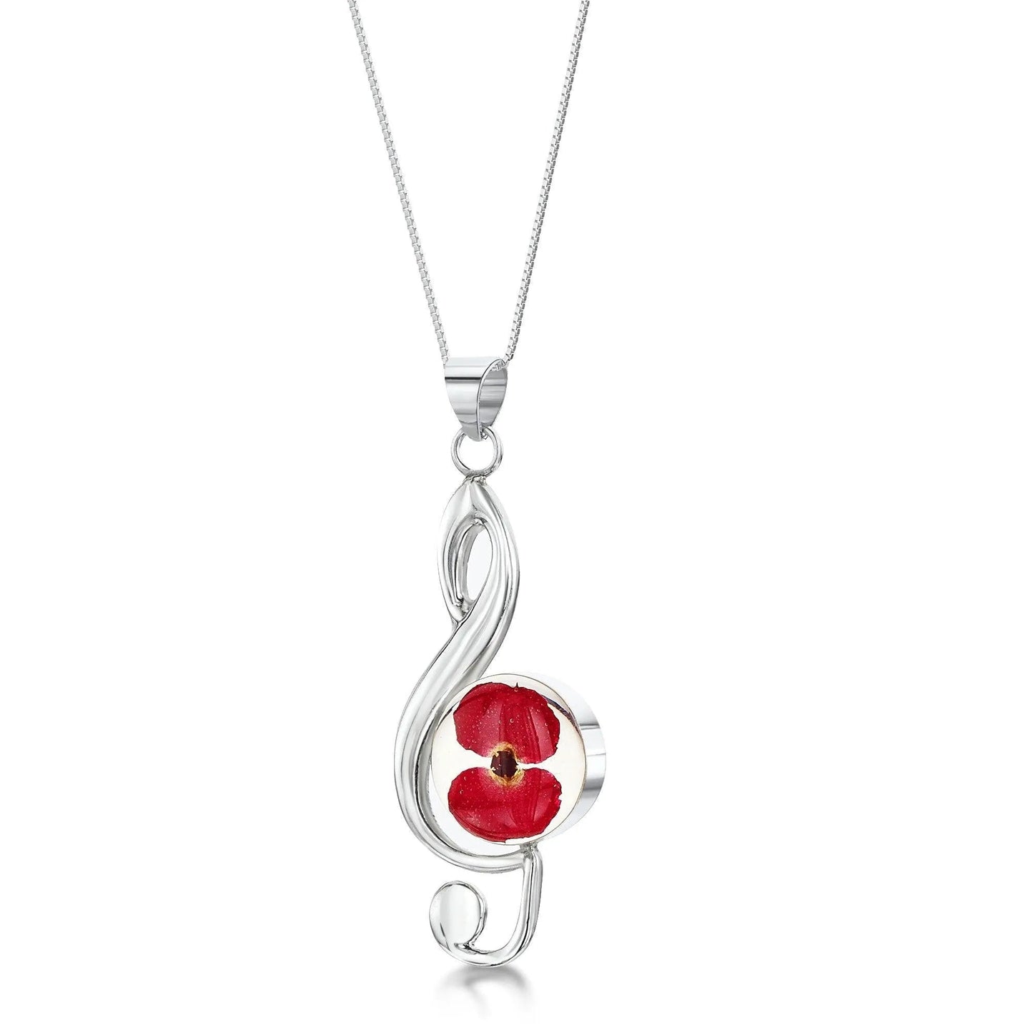 Treble clef musical note necklace with real flowers by Shrieking Violet Sterling silver pendant with a mini poppy flower. Ideal gift for musician. - ScentiMelti Home Fragrance, Beauty & Gifts UK