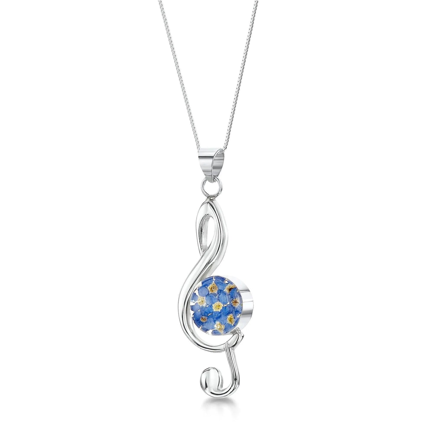 Treble clef musical note necklace with real flowers by Shrieking Violet Sterling silver pendant with real forget-me-nots. Ideal gift for musician. - ScentiMelti Home Fragrance, Beauty & Gifts UK