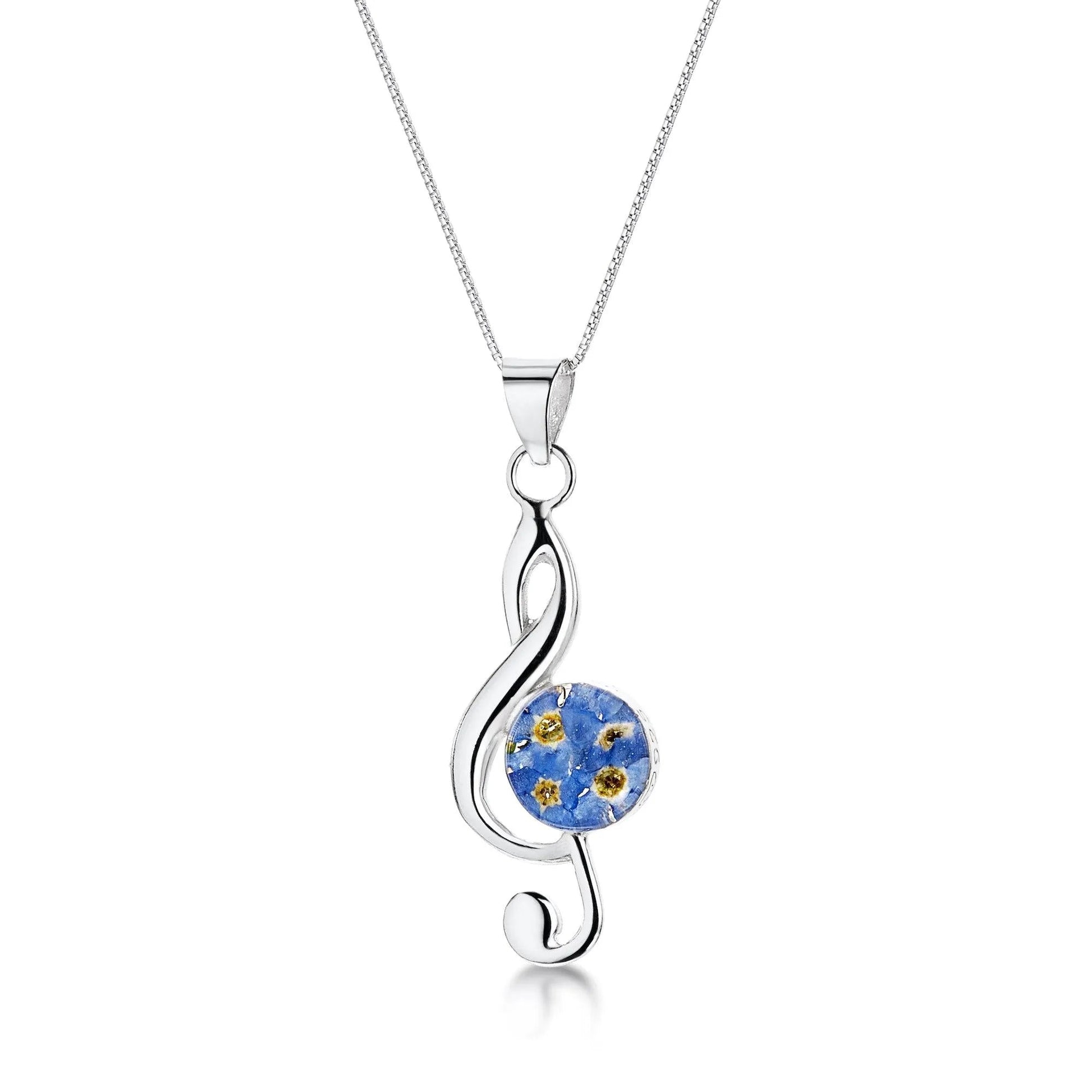 Treble clef musical note necklace with real forget-me-not flowers by Shrieking Violet Sterling silver pendant with 16-18 inch chain & giftbox. (m) - ScentiMelti Home Fragrance, Beauty & Gifts UK