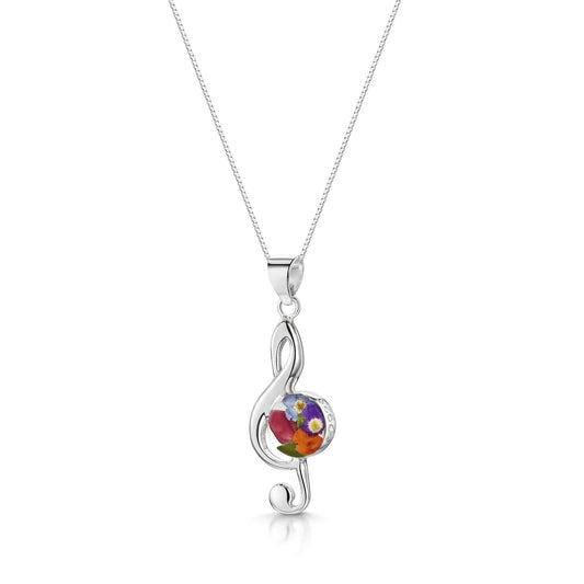 Treble Clef Silver Pendant with Real Flowers - Ideal Gift for Music Lovers - ScentiMelti Home Fragrance, Beauty & Gifts UK