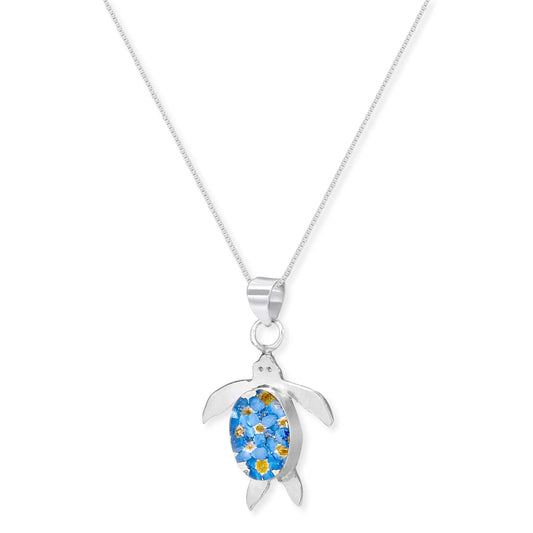 Turtle necklace by  Shrieking Violet® Sterling silver turtle pendant full of real forget-me-nots. Handmade jewellery with real flowers.