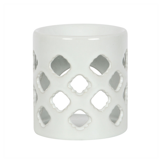 White Oil Burner With Lattice Cutouts - ScentiMelti  White Oil Burner With Lattice Cutouts