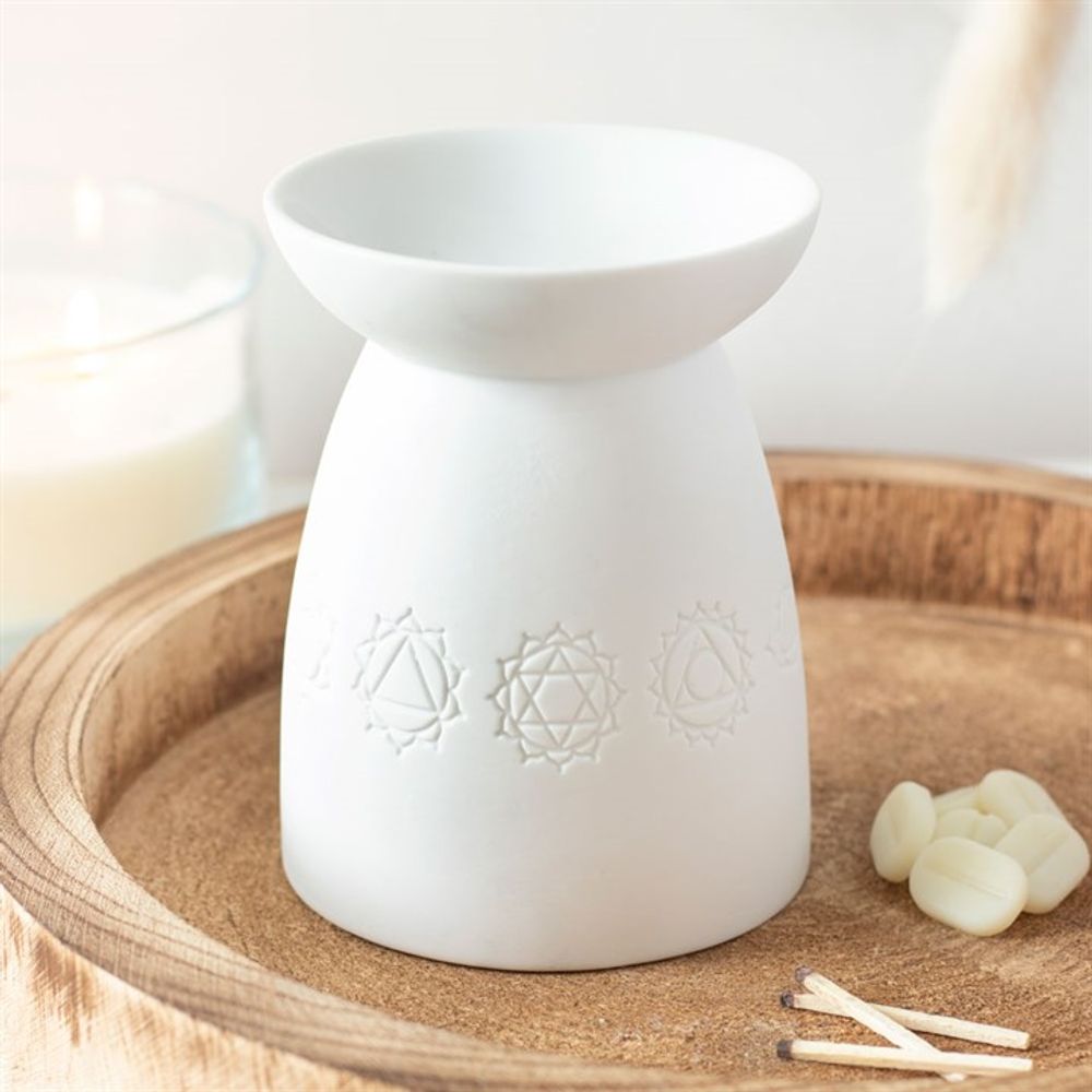 White Ceramic Seven Chakra Oil Burner - ScentiMelti  White Ceramic Seven Chakra Oil Burner