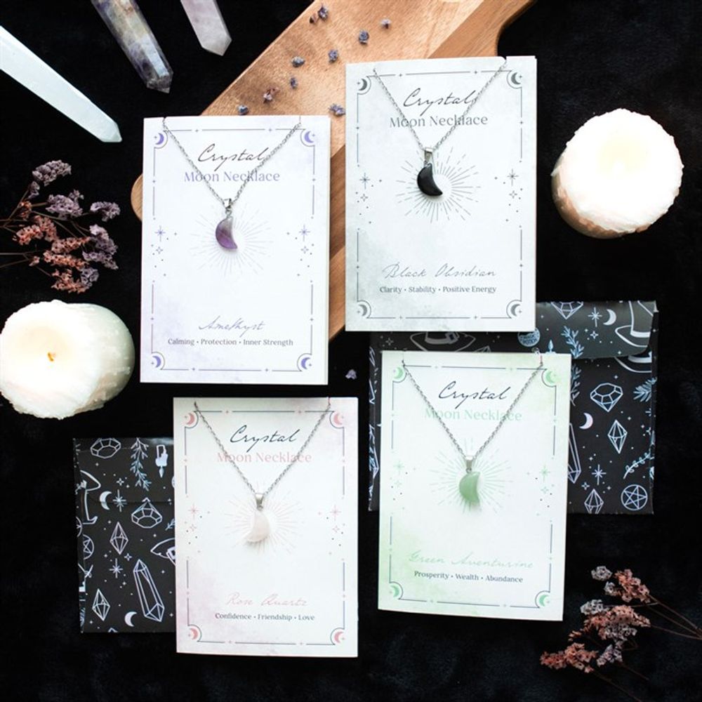 Black Obsidian Crystal Moon Necklace on Greeting Card - ScentiMelti Home Fragrance, Beauty & Gifts UK