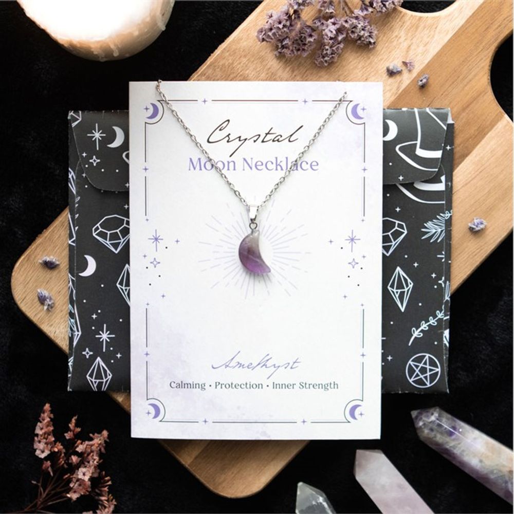 Amethyst Crystal Moon Necklace on Greeting Card - ScentiMelti Home Fragrance, Beauty & Gifts UK