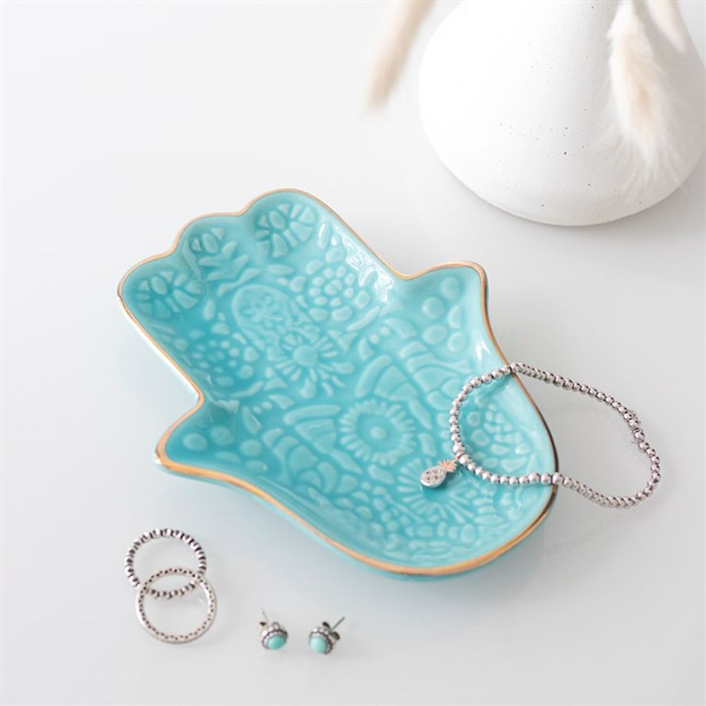 Turquoise Hamsa Hand Jewellery Dish - ScentiMelti  Turquoise Hamsa Hand Jewellery Dish