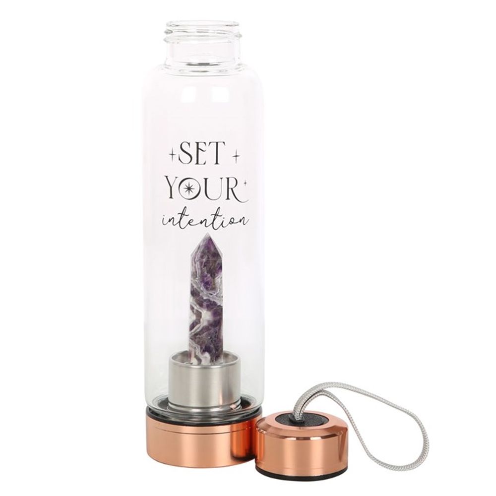 Amethyst Set Your Intention Glass Water Bottle - ScentiMelti  Amethyst Set Your Intention Glass Water Bottle