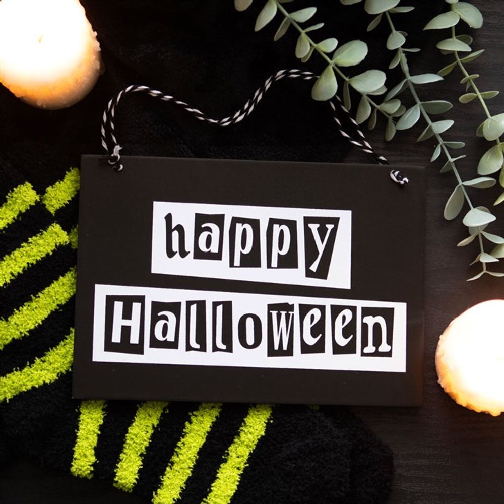 Black and White Happy Halloween Hanging Sign - ScentiMelti  Black and White Happy Halloween Hanging Sign