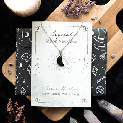 Black Obsidian Crystal Moon Necklace on Greeting Card - ScentiMelti Home Fragrance, Beauty & Gifts UK