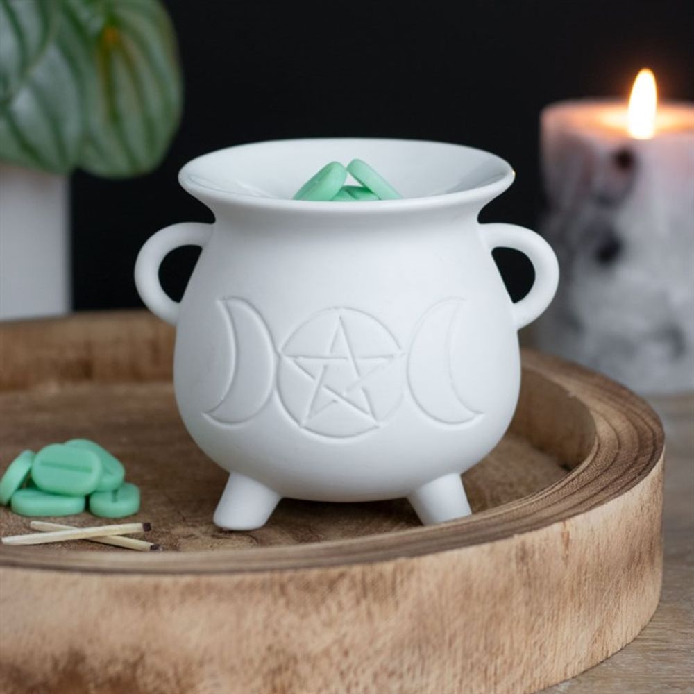 White Triple Moon Cauldron Oil Burner - ScentiMelti  White Triple Moon Cauldron Oil Burner