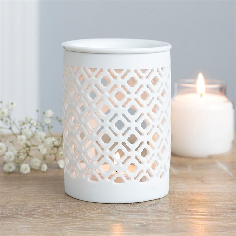 White Matte Lattice Cut Oil Burner - ScentiMelti  White Matte Lattice Cut Oil Burner