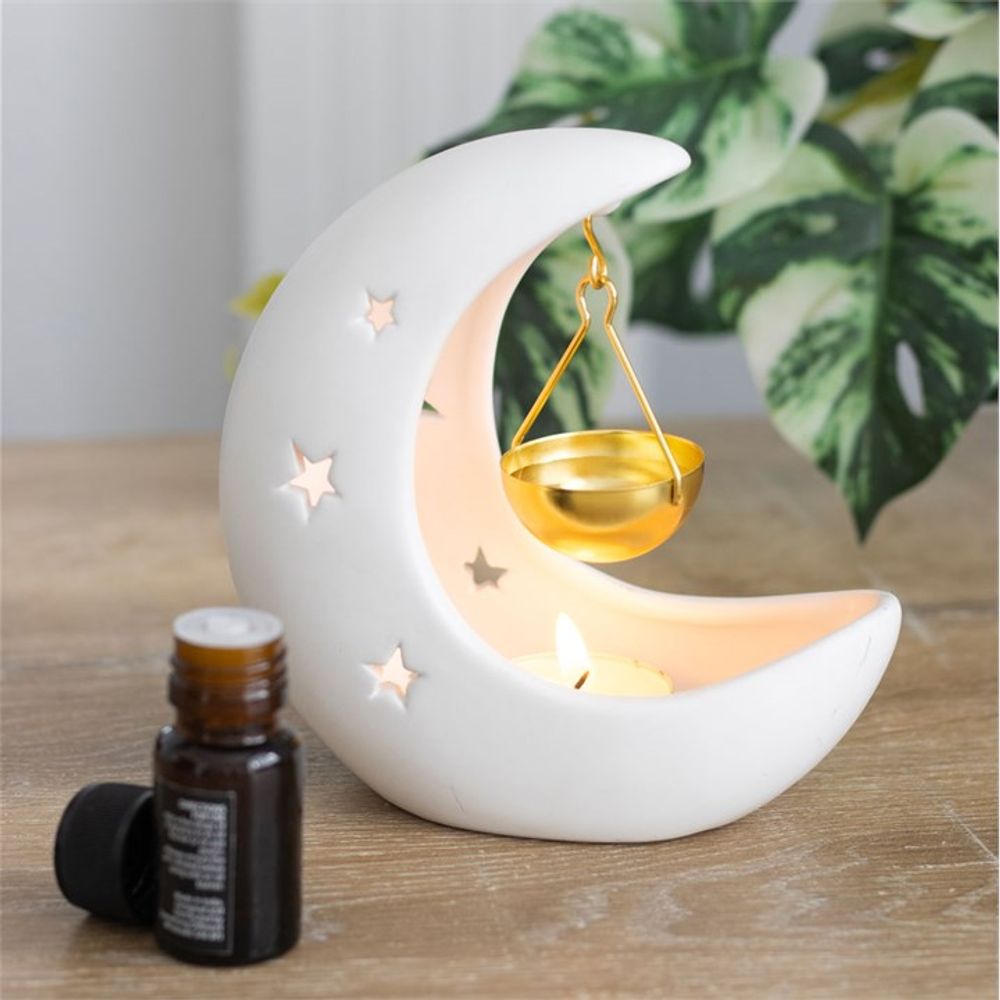 White Crescent Moon Hanging Ceramic Oil Burner with Gold Metal Dish - ScentiMelti  White Crescent Moon Hanging Ceramic Oil Burner with Gold Metal Dish