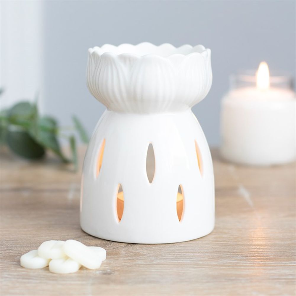 White Gloss Lotus Flower Oil Burner - ScentiMelti  White Gloss Lotus Flower Oil Burner