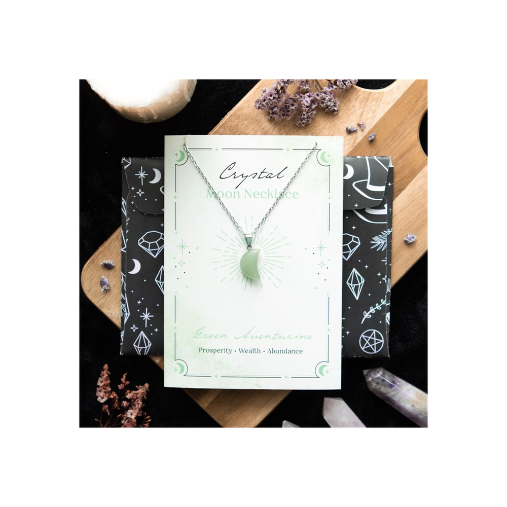 Green Aventurine Crystal Moon Necklace on Greeting Card - ScentiMelti Home Fragrance, Beauty & Gifts UK