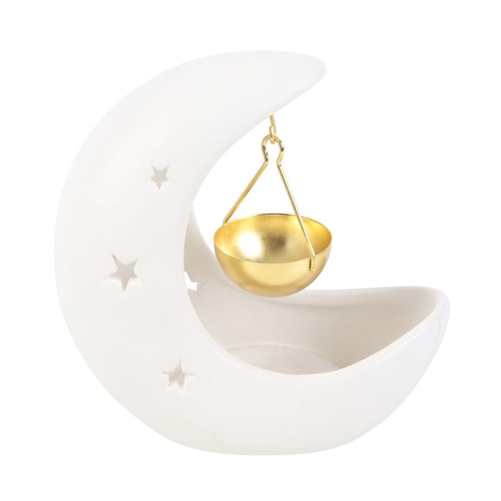 White Crescent Moon Hanging Ceramic Oil Burner with Gold Metal Dish - ScentiMelti  White Crescent Moon Hanging Ceramic Oil Burner with Gold Metal Dish