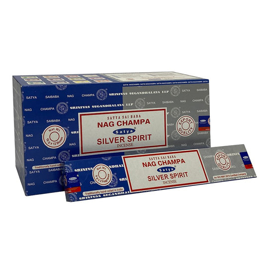 Set of 12 Packets of Combo Satya Incense - Nag Champa Silver Spirit