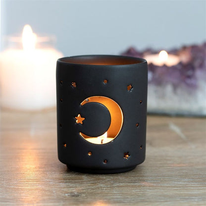 Small Black Mystical Moon Cut Out Tealight Holder - ScentiMelti  Small Black Mystical Moon Cut Out Tealight Holder