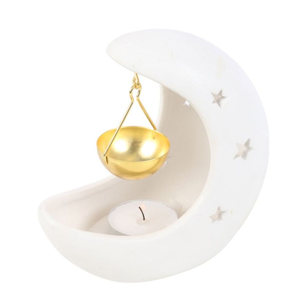 White Crescent Moon Hanging Ceramic Oil Burner with Gold Metal Dish - ScentiMelti  White Crescent Moon Hanging Ceramic Oil Burner with Gold Metal Dish