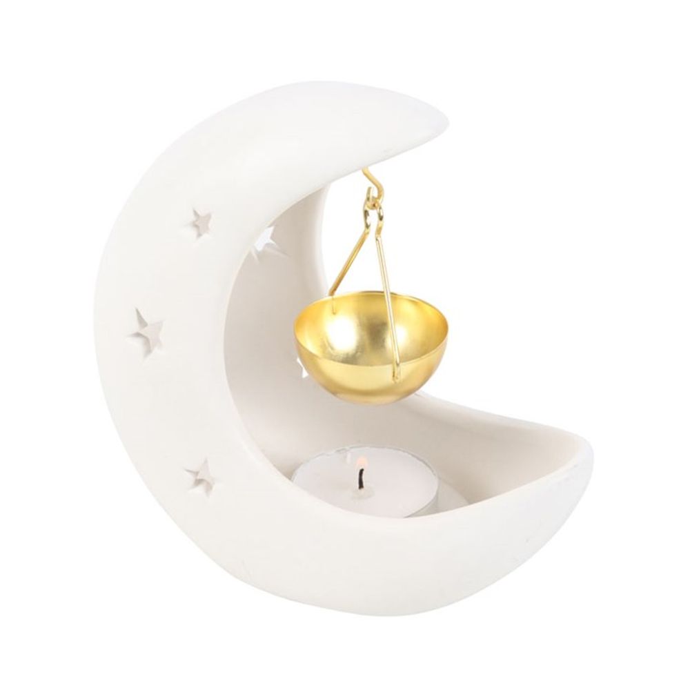 White Crescent Moon Hanging Ceramic Oil Burner with Gold Metal Dish - ScentiMelti  White Crescent Moon Hanging Ceramic Oil Burner with Gold Metal Dish