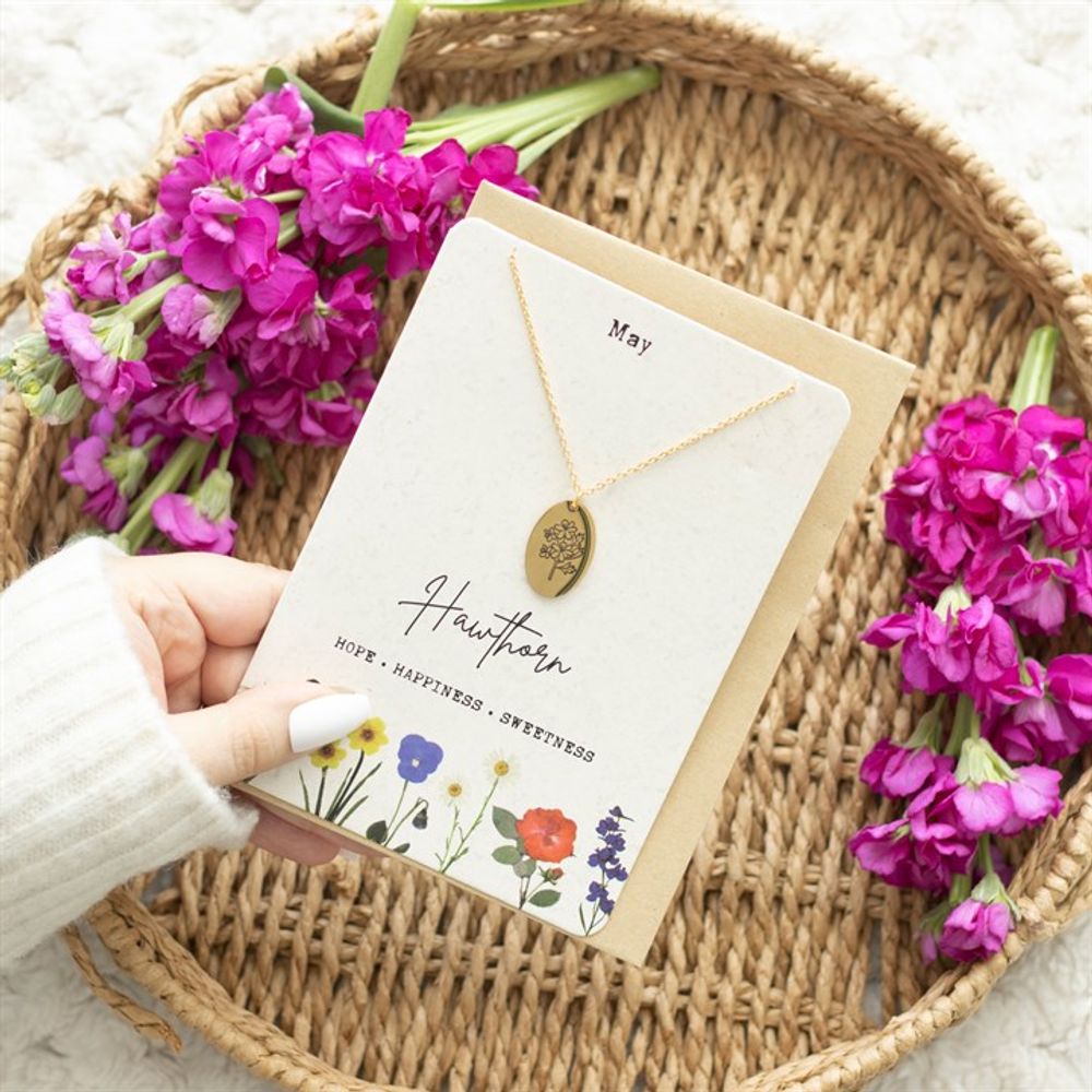 May Hawthorn Birth Flower Necklace Card - ScentiMelti  May Hawthorn Birth Flower Necklace Card