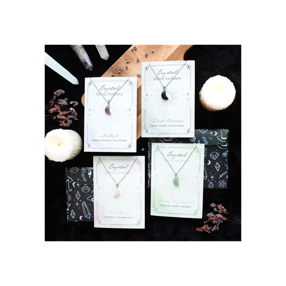 Green Aventurine Crystal Moon Necklace on Greeting Card - ScentiMelti Home Fragrance, Beauty & Gifts UK