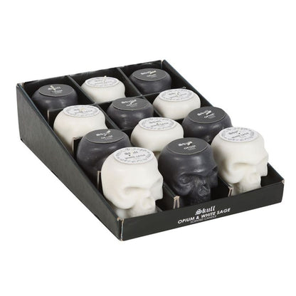 Set of 12 Opium & White Sage Skull Candles in Display - ScentiMelti  Set of 12 Opium & White Sage Skull Candles in Display