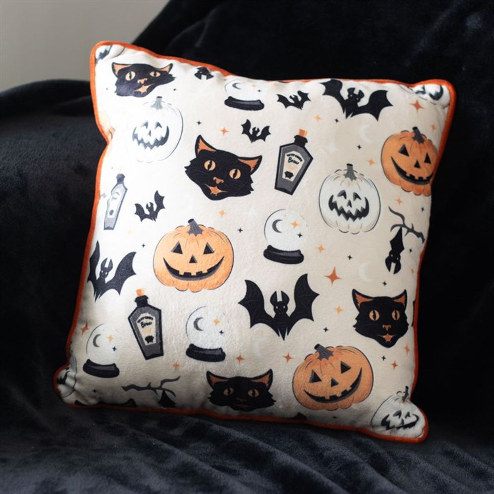 35cm Square Spooky Cat and Pumpkin Print Cushion - ScentiMelti  35cm Square Spooky Cat and Pumpkin Print Cushion