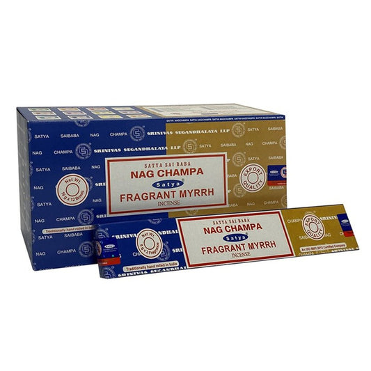 Set of 12 Packets of Combo Satya Incense - Nag Champa Fragrant Myrrh