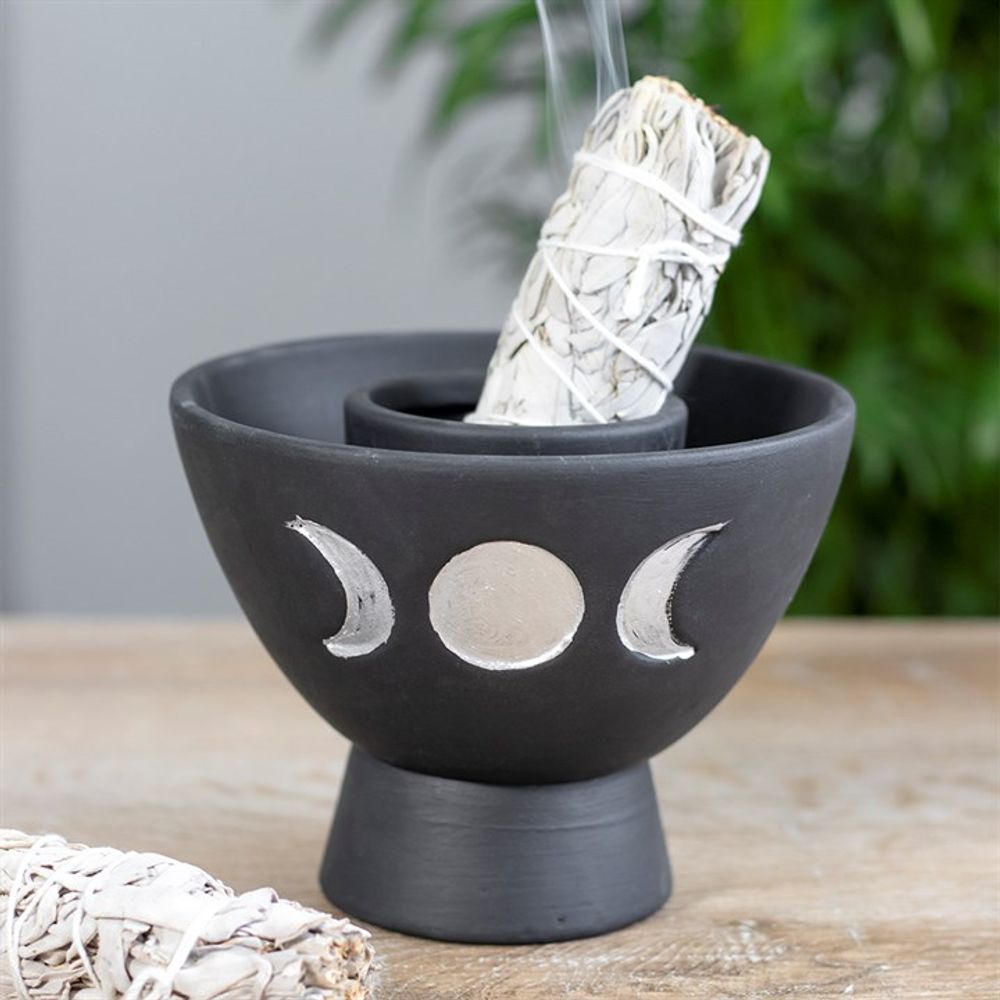 Black Triple Moon Terracotta Smudge Bowl - ScentiMelti  Black Triple Moon Terracotta Smudge Bowl