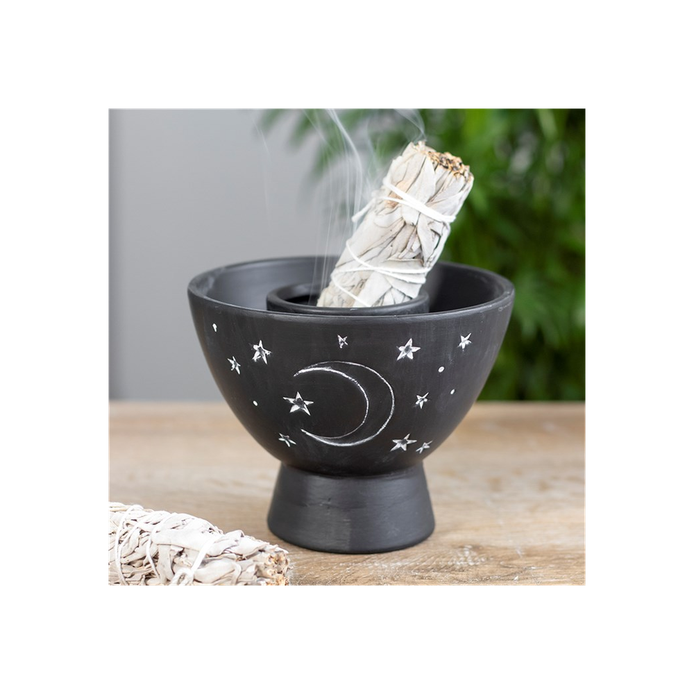 Black Moon and Stars Terracotta Smudge Bowl - ScentiMelti  Black Moon and Stars Terracotta Smudge Bowl