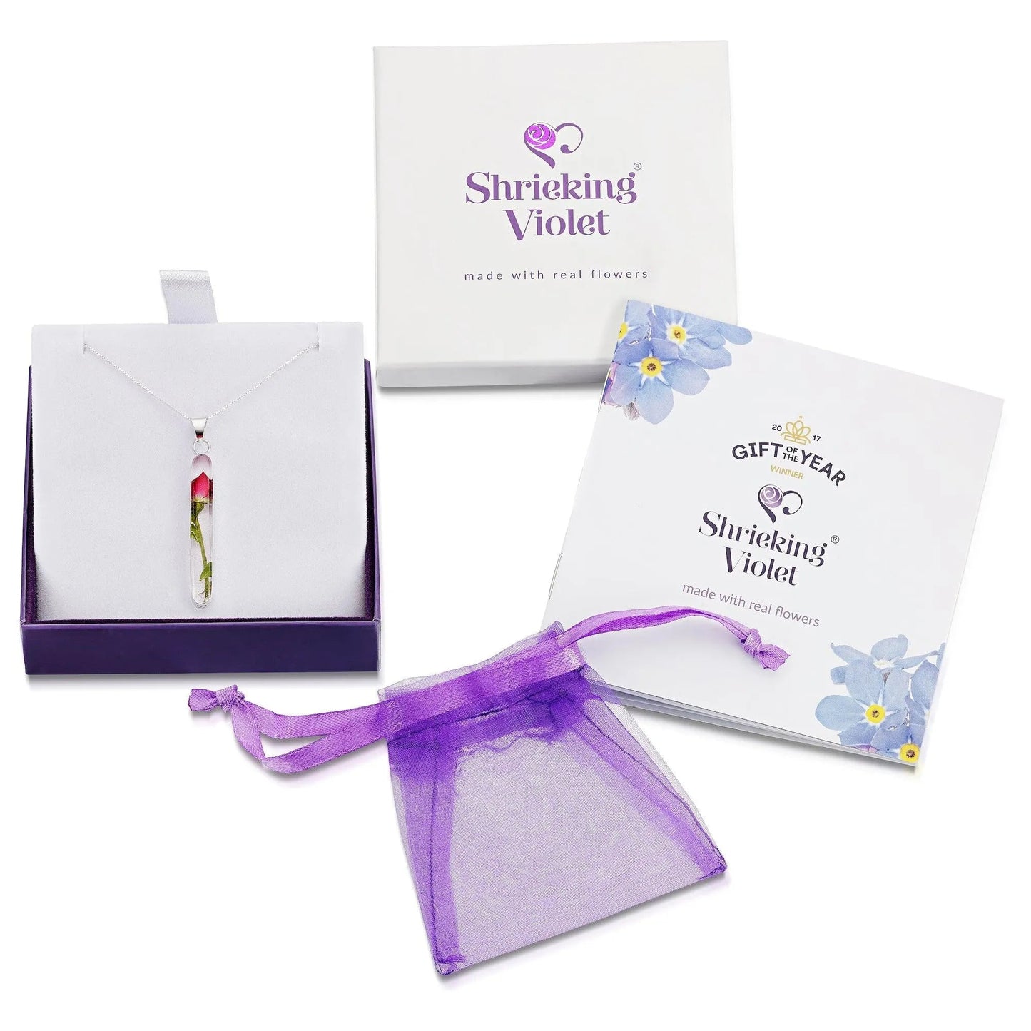 Valentines day gift - Miniature rose necklace by  Shrieking Violet® Sterling silver pendant with a real rose stem with giftbox. Valentine jewellery - ScentiMelti Home Fragrance, Beauty & Gifts UK