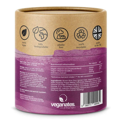 Vegan Vitamin D3 2500IU & K2 MK7 100µg With Elderberry Extract in Plastic Free Biodegradable Tub - ScentiMelti  Vegan Vitamin D3 2500IU & K2 MK7 100µg With Elderberry Extract in Plastic Fre