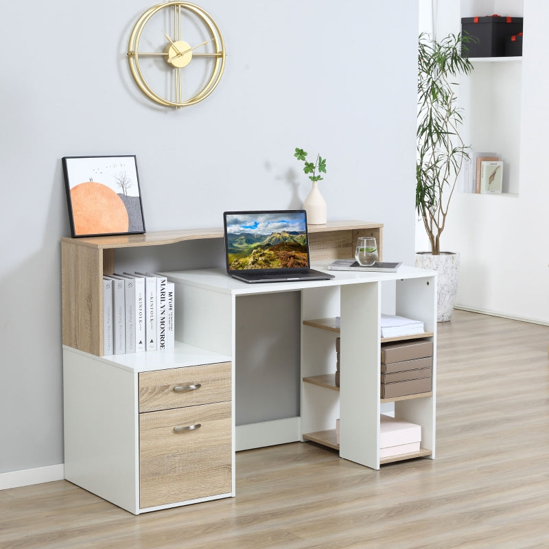 Modern Computer Desk with Drawers and Storage Shelves, Study Workstation, Writing Desk with Printer Stand for Home Office, Oak and White - ScentiMelti Home Fragrance, Beauty & Gifts UK