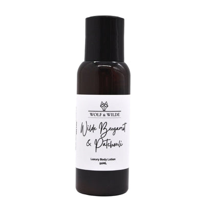 Wilde Bergamot & Patchouli Travel Size Luxury Body Lotion 50ML Wolf & Wilde ScentiMelti Wax Melts