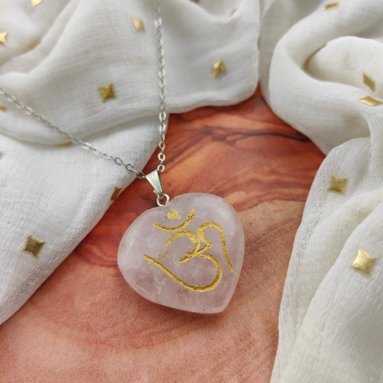 Real Rose Quartz Crystal OM Carved Heart Shape Natural Stone Pendant Necklace - ScentiMelti Home Fragrance, Beauty & Gifts UK