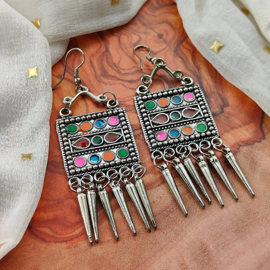 Oxidised Colourful Enamel Square Indian Boho  Drop Ethnic Asian Indian Earrings The Colourful Aura ScentiMelti Wax Melts