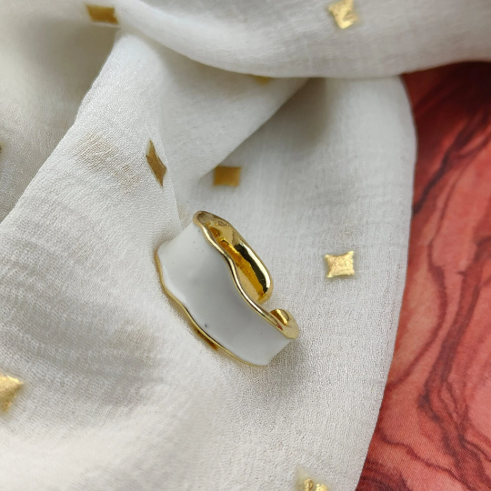 Adjustable Wide Gold Band Chunky White Enamel Cuff Ring - ScentiMelti Home Fragrance, Beauty & Gifts UK