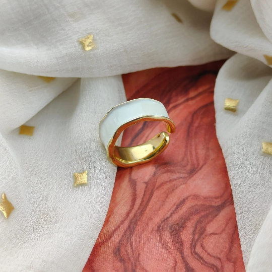 Adjustable Wide Gold Band Chunky White Enamel Cuff Ring - ScentiMelti Home Fragrance, Beauty & Gifts UK