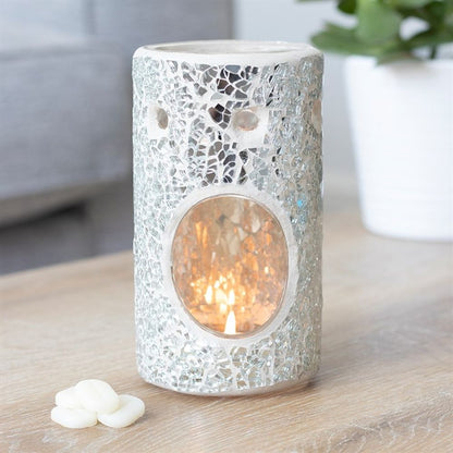 Silver Pillar Crackle Glass Oil Burner - ScentiMelti  Silver Pillar Crackle Glass Oil Burner