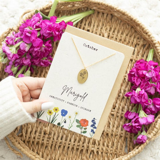 October Marigold Birth Flower Necklace Card - ScentiMelti Wax Melts