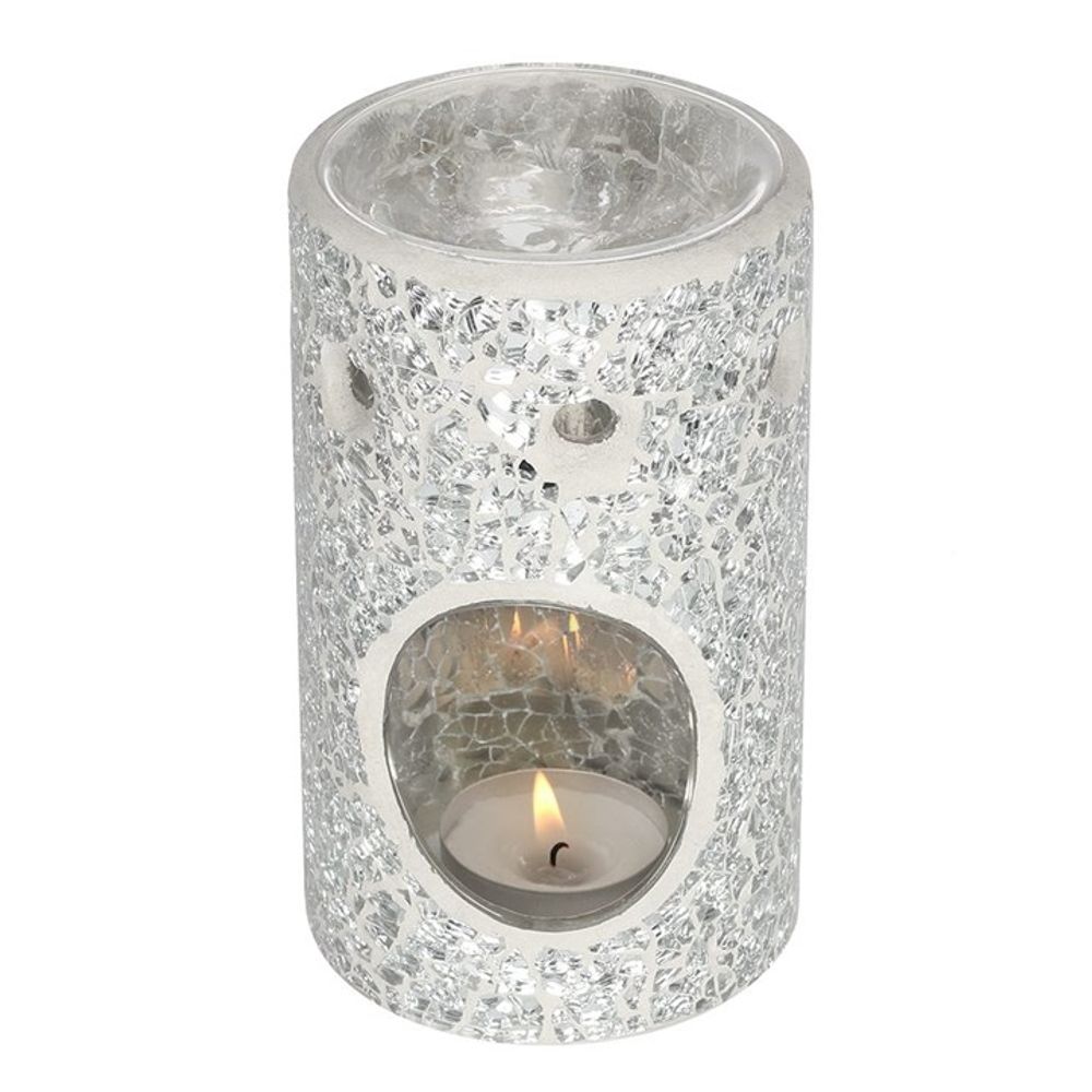 Silver Pillar Crackle Glass Oil Burner - ScentiMelti  Silver Pillar Crackle Glass Oil Burner