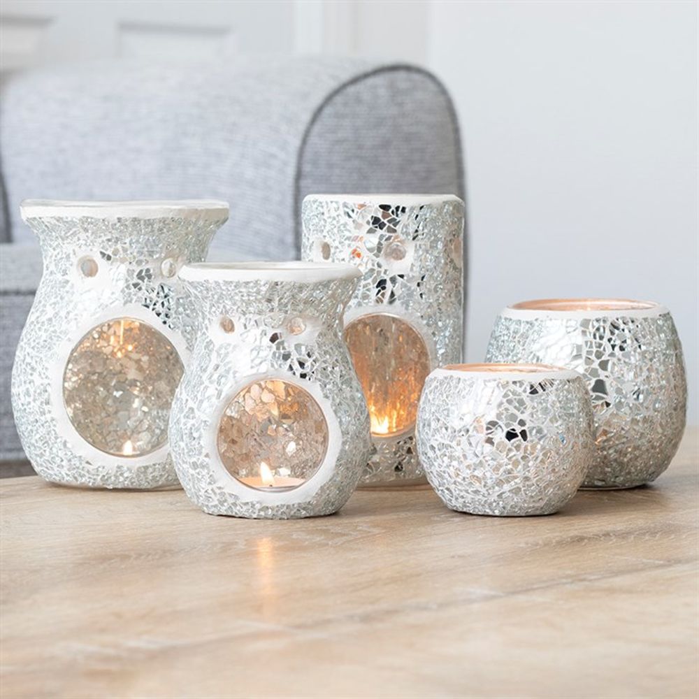 Silver Pillar Crackle Glass Oil Burner - ScentiMelti  Silver Pillar Crackle Glass Oil Burner