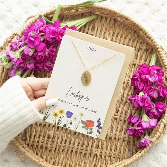 July Larkspur Birth Flower Necklace Card - ScentiMelti Wax Melts